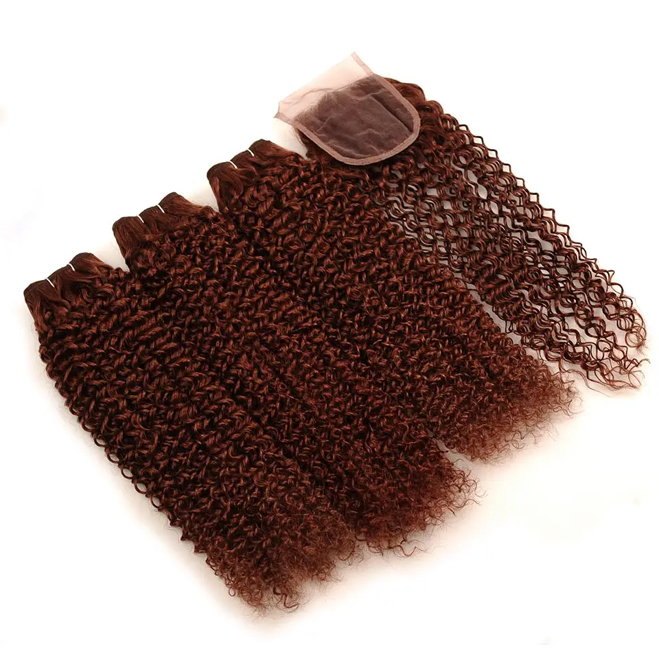 PINSHAIR Pre-Colored Brazilian Human Hair 3 Bundles With lace closure 4x4 Inch Color 33 Jerry Curly Non-Remy Hair Weave Extension (14)
