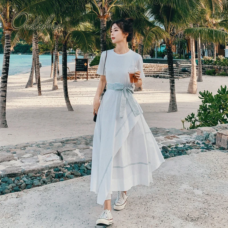 

Ordifree 2019 Summer Women White Long Dress Asymmetrical Bleted Maxi Dress