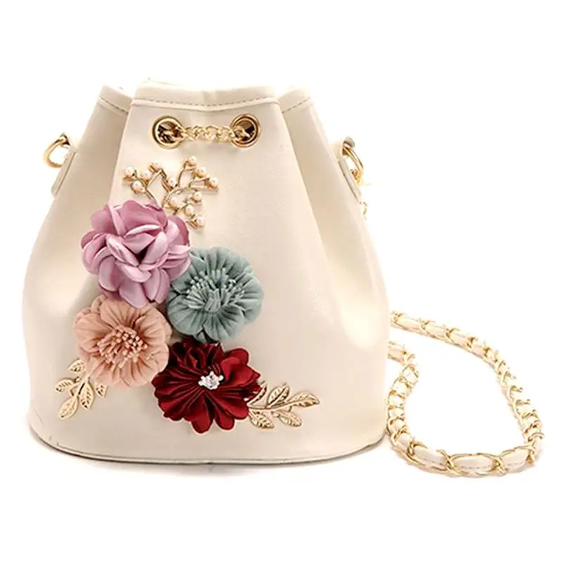 

FGGS Handmade Flowers Bucket Bags Mini Shoulder Bags With Chain Drawstring Small Cross Body Bags Pearl Bags Leaves Decals