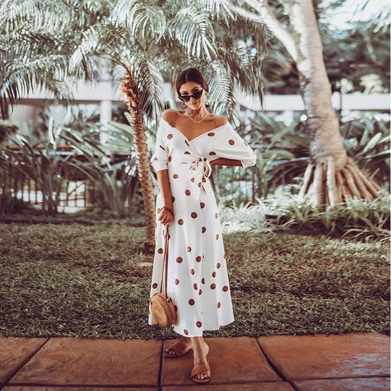 

Plus Size 2019 Women Summer Vintage Sexy Off Shoulder V Neck Bandage Dot Dress Women Party Night Elegant Maxi White Dress