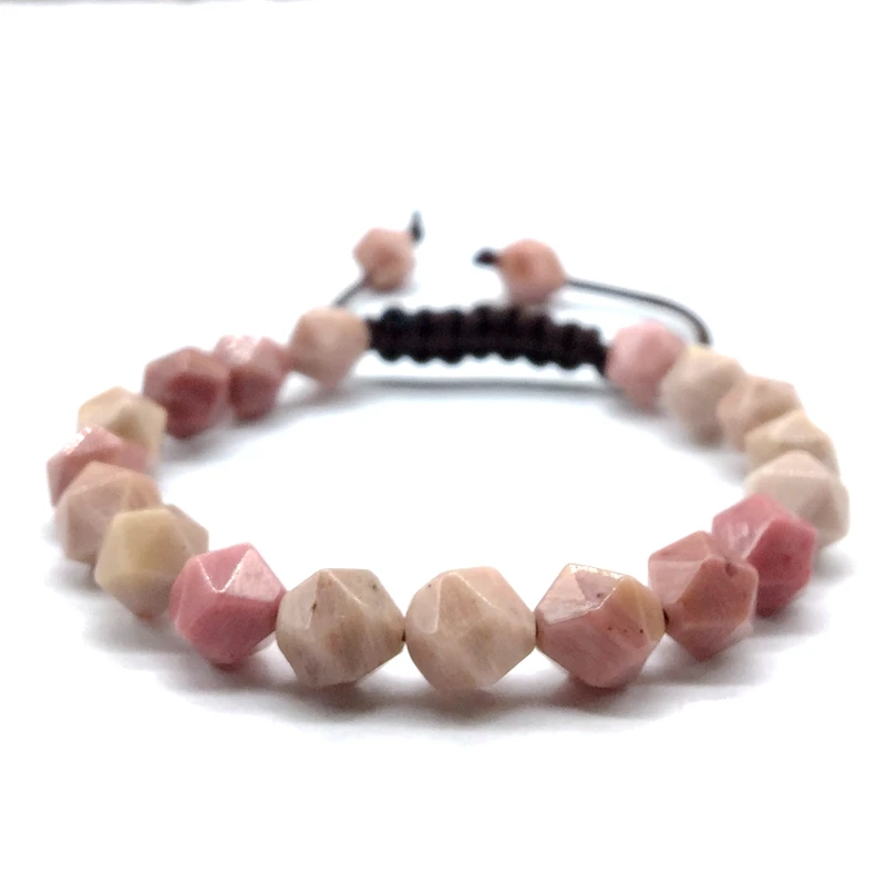 

Women Bracelet Adjustable Rope Cord Bangle Natural Stone Pink Rhodonite 8 mm Faceted Bead Gift For Her Drop Shipping Hand Made