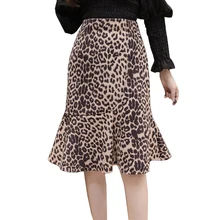 Осень из искусственной замши юбка для Для женщин тонкий Леопардовый оборками Фиштейл юбка дамы Высокая Талия Сексуальная труба Миди-юбки Jupe