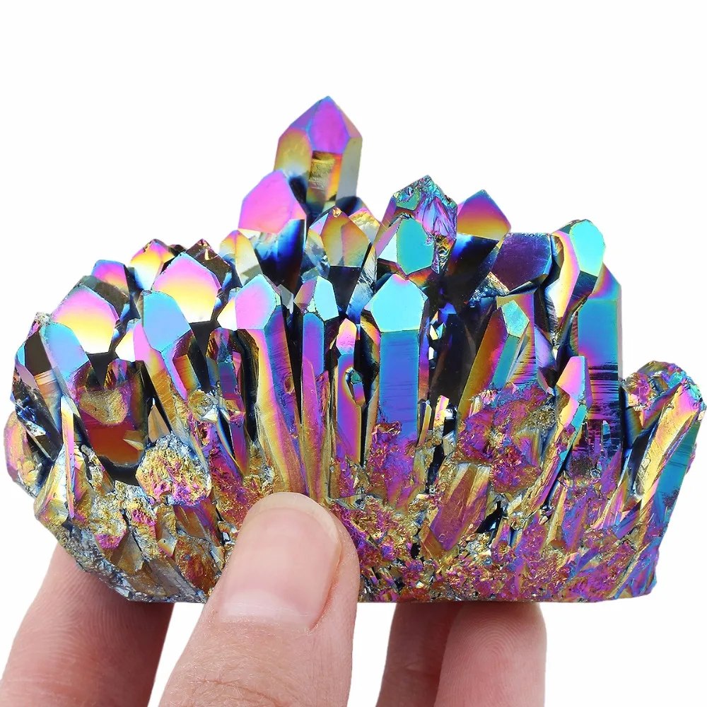 TUMBEELLUWA Titanium Coated Rainbow Aura Quartz Crystal Cluster Druzy Gem stone Specimen Figurine Home Decoration