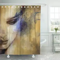 Душа Шторы Акварельная абстрактная женщина лицо рукой Blue Spa художник Краски Красота портрет девушки волос Ванная комната
