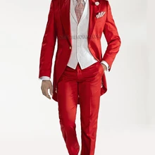 Пользовательский дизайн красный фрак смокинг жениха с заостренным отворотом лучшее мужское свадебное платье Выпускной праздничный костюм(пиджак+ брюки+ галстук+ жилет