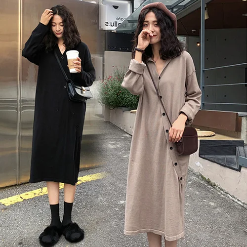 

New Autumn Clothes for Pregnant Women Loose Pure Color Long Sleeve Maternity Dress Thin Pregnancy Female Temperament Show 30%