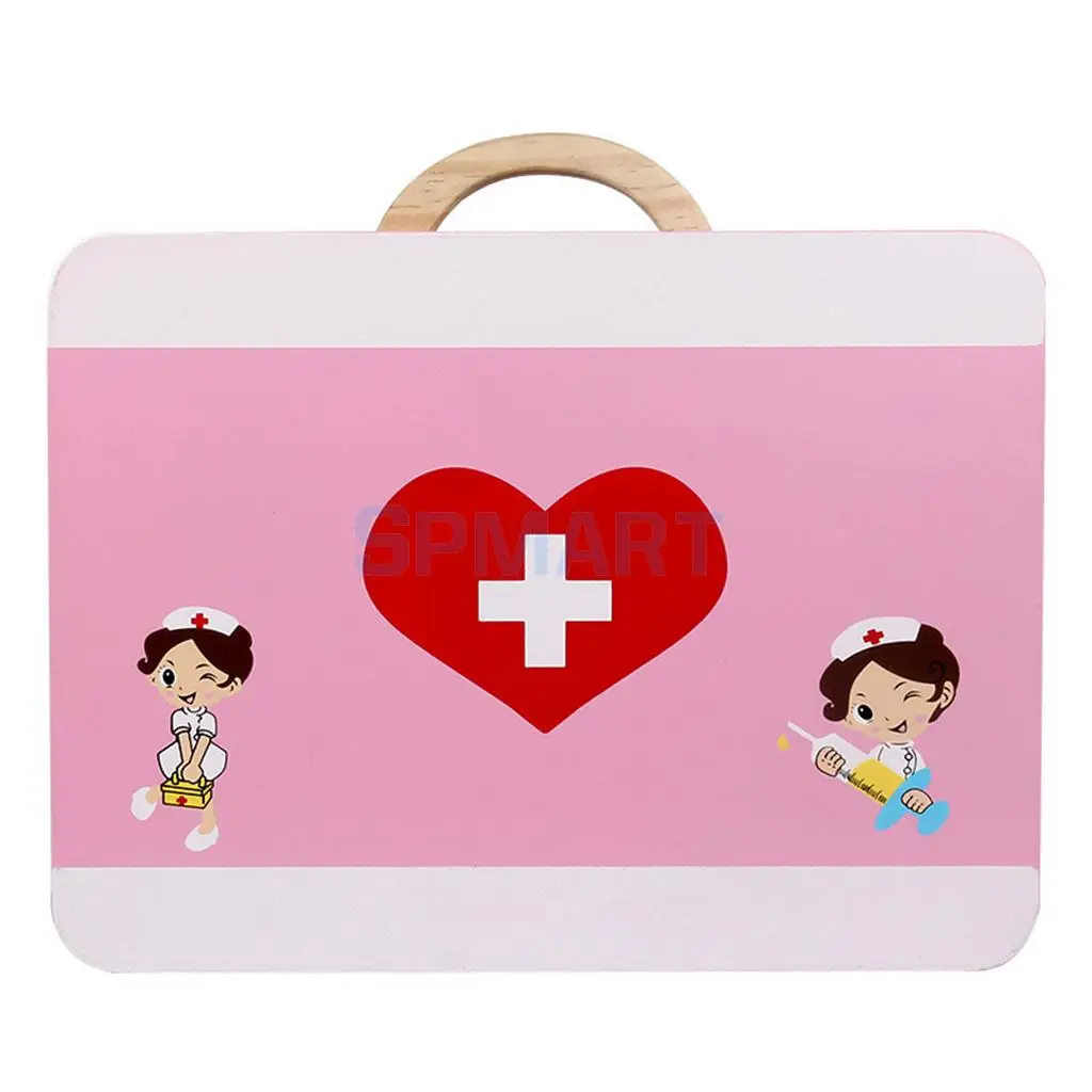 15 Pieces Wooden Doctor Nurse Medical Box Carry Case Suitcase Children Role Playing Set Kids Early Educational Toy Play Activity