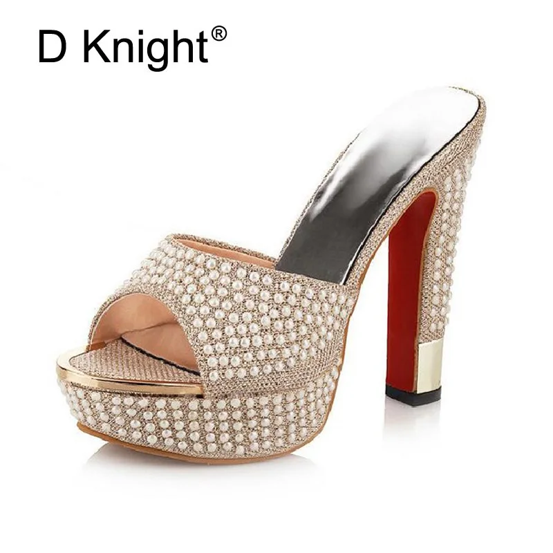 

New 2019 Luxury Platform High Heels Women Slippers Fashion String Beaded Red Bottom Slides Sexy High-heeled Sandals Size 34-42