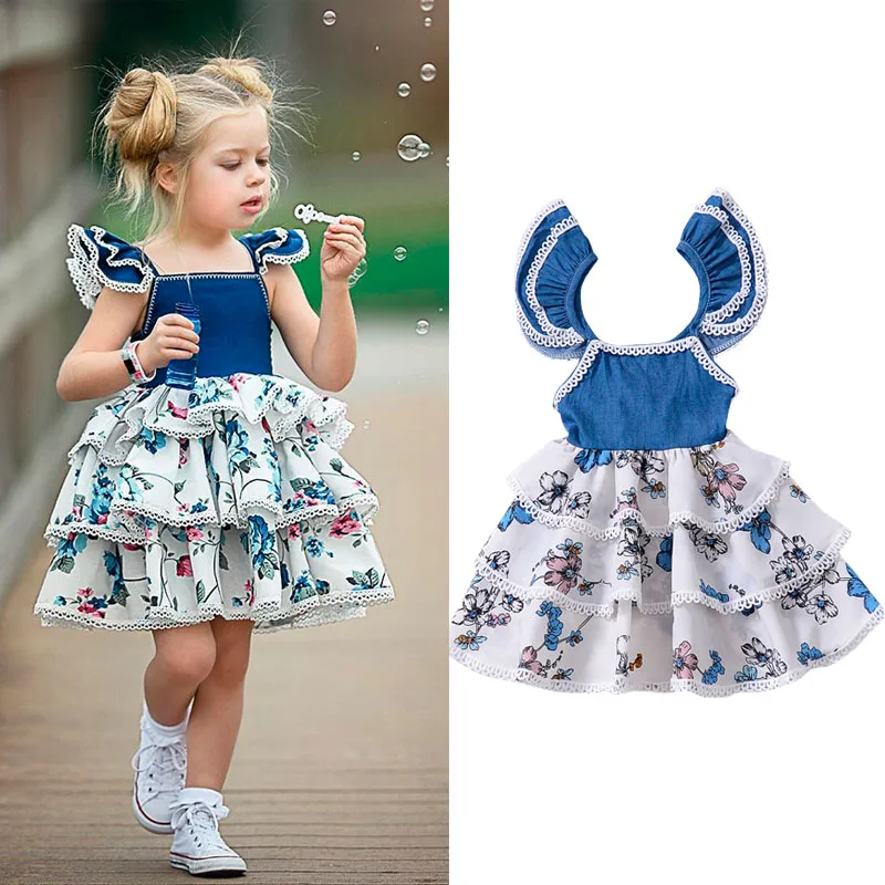 Baby Girls Dress Lace Flower Party Princess Layers Dress Girls Ruffle