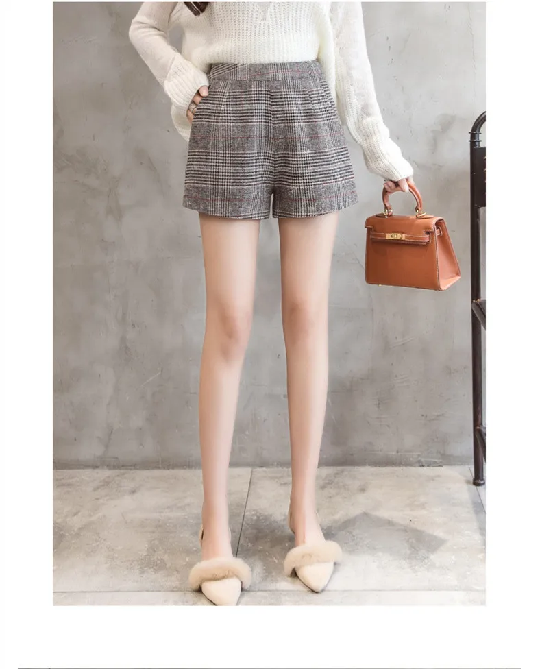 Vintage Plaid Shorts Women High Waist Shorts Fashion Pockets Straight Short Pants Autumn Winter Casual Slim Fit Wool Short