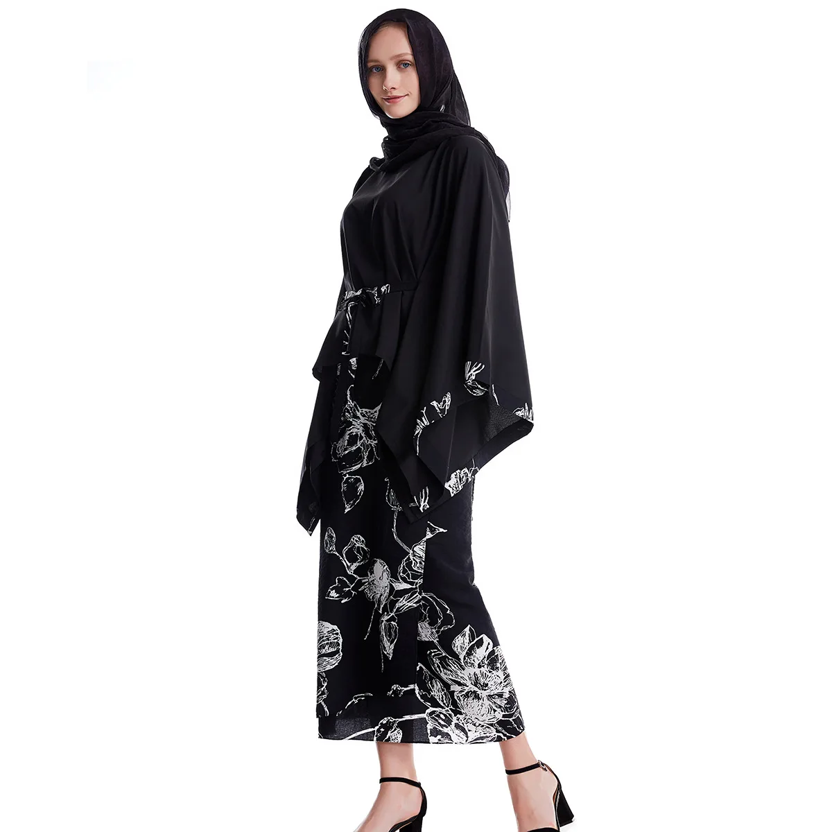 Мусульманские женские свободные топы и юбки костюм из двух частей с цветочным принтом пояс хлопок черный белый костюмы