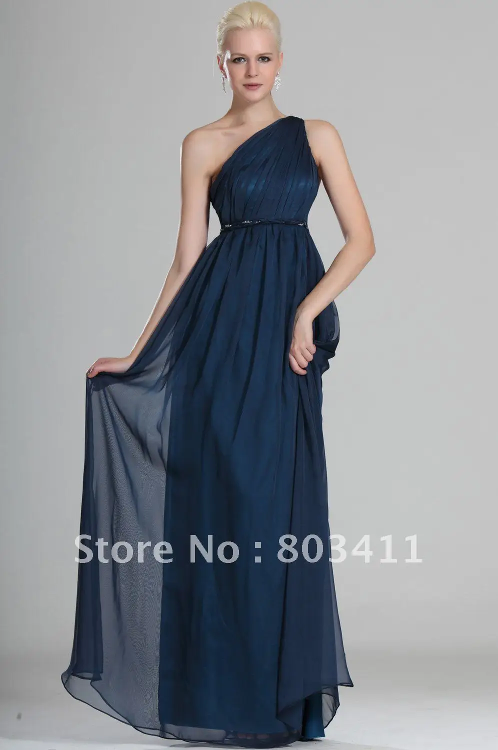 Великолепное одно плечо ремень бюст с рюшами темно-синий шифон вечернее платье
