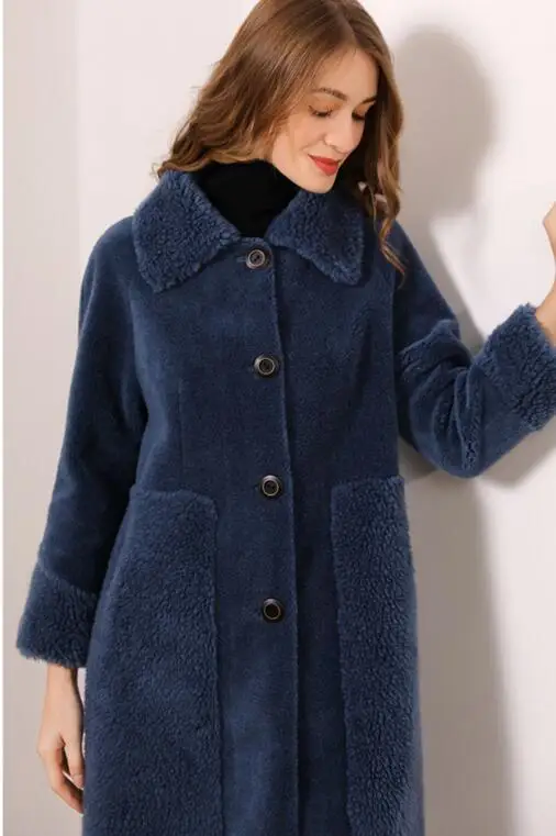 Пальто для стрижки овец, Женское пальто из натурального меха, Женская куртка, длинное зимнее теплое пальто из овечьей шерсти, casaco feminino - Цвет: blue