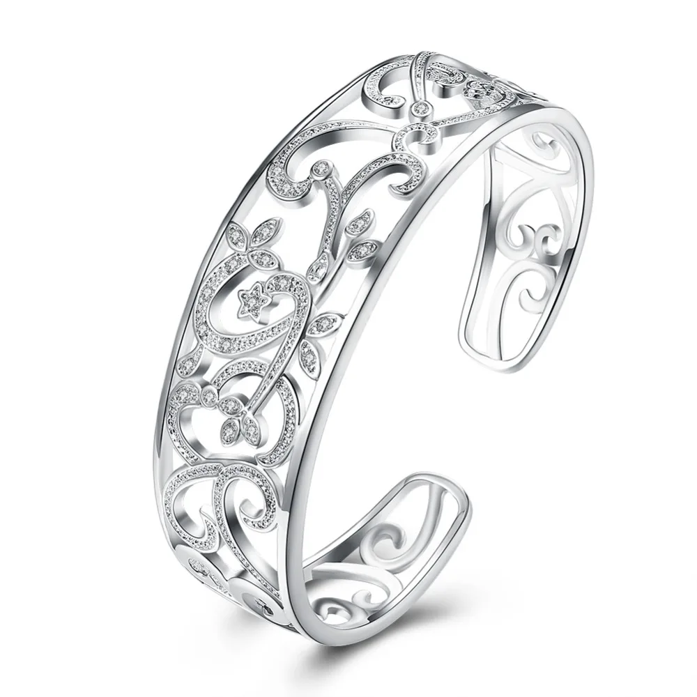

B261 925 silver jewelry bracelets & bangles for women big wide hollow cuff bangle with flower design bracelet for women wedding