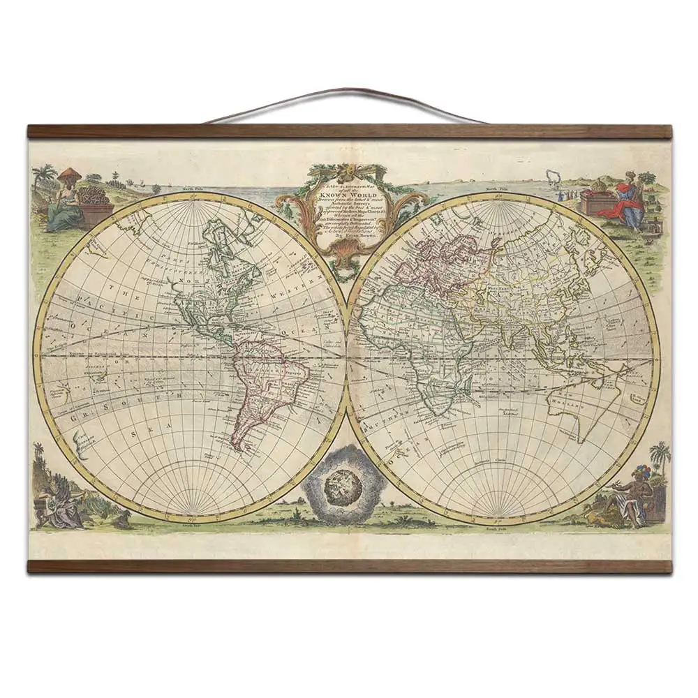 Старинная карта мира на холсте художественные плакаты и принты с твердой деревянной подвеской свиток настенные картины для гостиной - Цвет: Бургундия