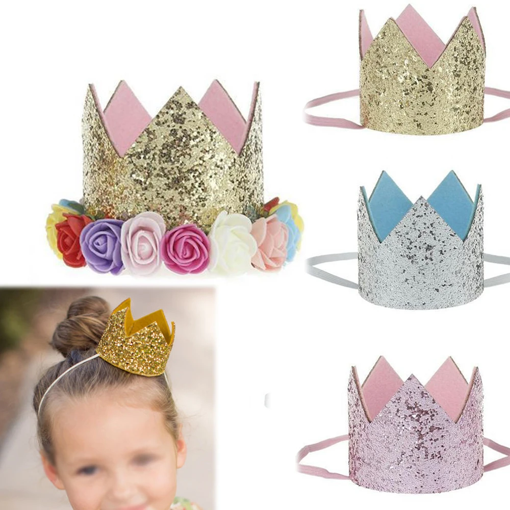 

Birthday Party Mini Felt Glitter Crown with Flower Prince and Princess Hat For Baby Shower Party Decorative Accessories