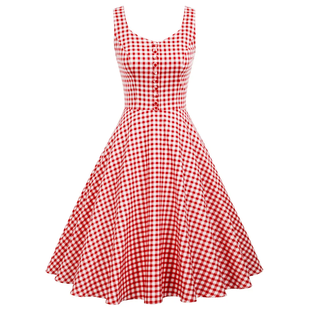 

cotton dress Retro Vintage Sleeveless V-Neck buttons grid plaid dresses ladies summer knee length Flare swing A-Line Dress women