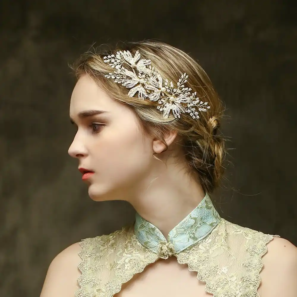 Pearl And Rhinestone Bridal Hair Clip Luxury Leaf Side Wedding