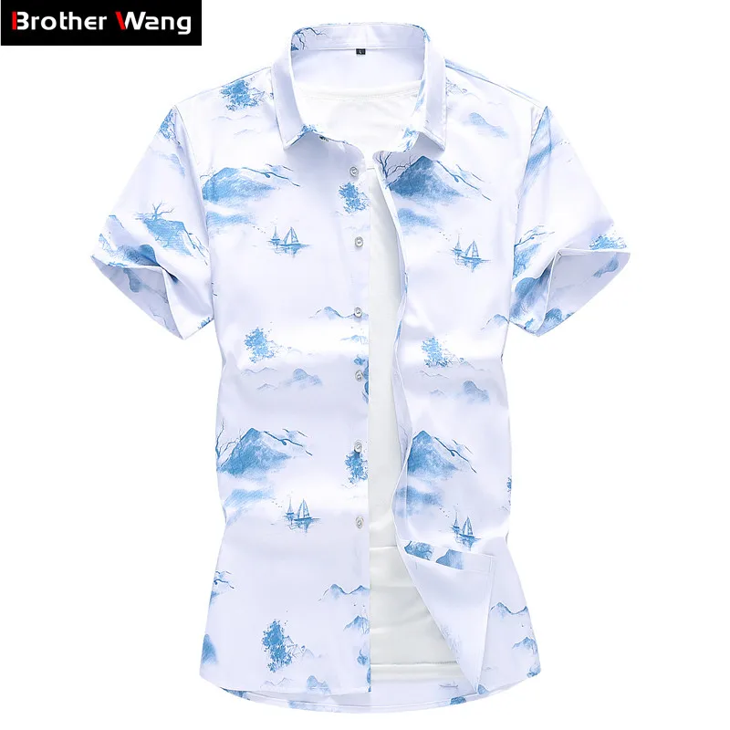 

Chinese Style Clothes 2019 Summer New Style Men's Casual Short Shirt Printing Fashion White Shirt Male Brand Clothes 6XL 7XL
