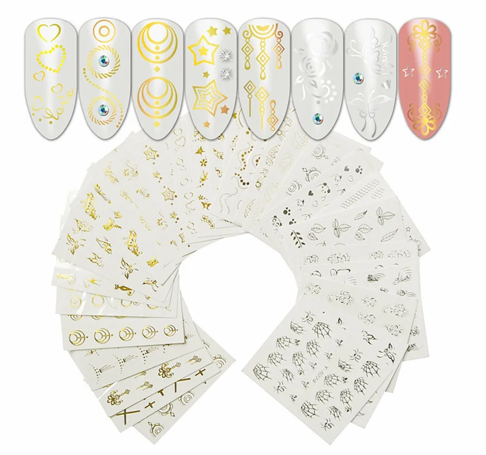 

30pcs Nails Sticker Art Makeup Tools Nail Water Sticker Gold Silver Feather Flower Spider Design Nail Decal Set 8W2