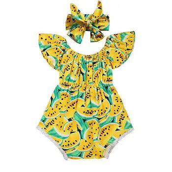 

Newborn Baby Girl Clothing Watermelon Yellow Romper+Headdress Outfit watermelon Sunsuit Clothes