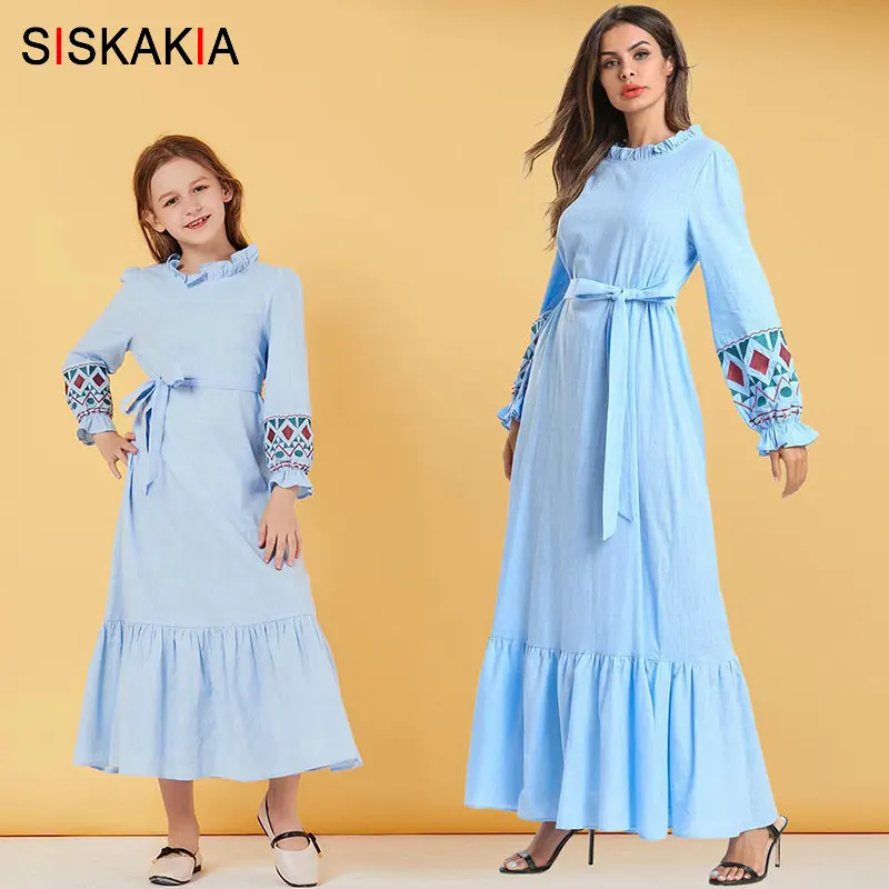 

Ethnic Embroidery Long Dresses Mother Daughter Mommy and Me Family look Matching Outfits Mum Mom Daughter Clothes Long Sleeve