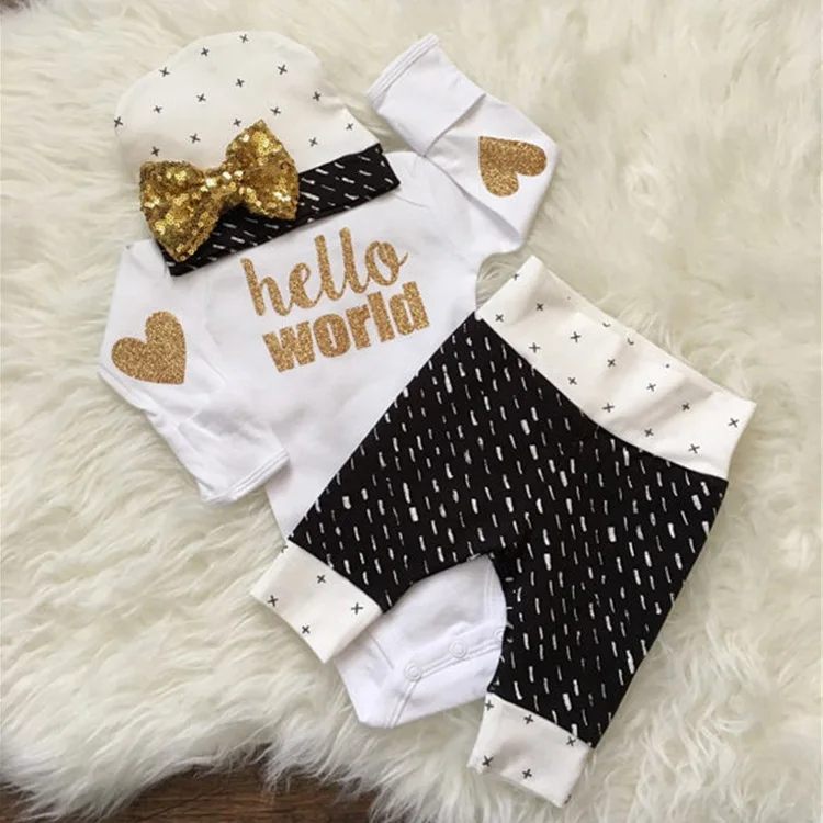 GSCH Newborn Baby Girls Clothes Cute Infant Bebes Hello World Long Sleeve Bodysuit Romper + Flower Pant +Headband 3pcs Outfit