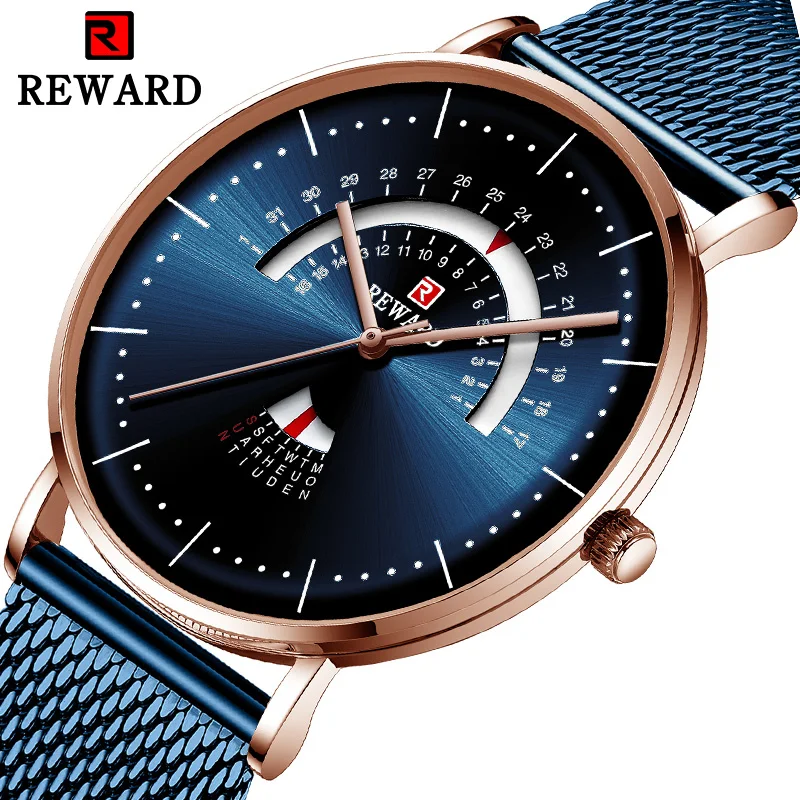Online REWARD Top Brand Luxury Men Watch Mesh Belt Waterproof Men s Watch Calendar Week Clock Reloj Hombre Fashion Watch Blue