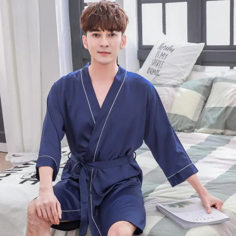 

Summer Male Casual Robe Kimono Bathrobe L-XXL Navy Blue Men Sleepwear Solid Color Nightwear Nightgown Rayon Home Dressing Gown