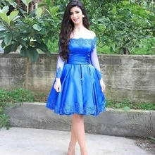 2016 blau Satin Appliques Cocktailkleider Langarm A-linie Cocktailkleid Knielang Sommer Kleid Für Party