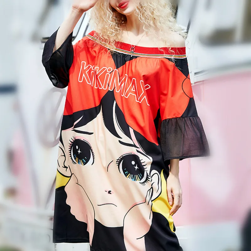 

Women new brand summer dress cartoon girls lovely print Slash Neck dress Spliced short flare sleeve ladies party dresses NS646