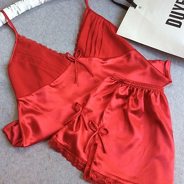Бренд JYF, Летняя шелковая кружевная женская пижама, сексуальная пижама, короткий пижамный комплект, Пижамный костюм, пижамный комплект с v-образным вырезом+ Пижамные брюки - Цвет: Красный