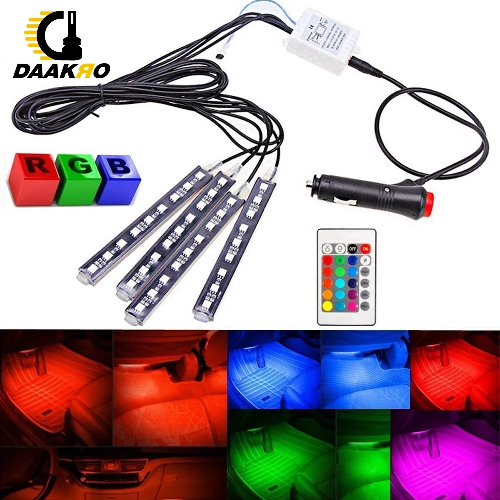  4pcs 5050 9 LED Remote Control Cigarette Lighter Colorful RGB Car Interior Floor Atmosphere Light S - 33018685103