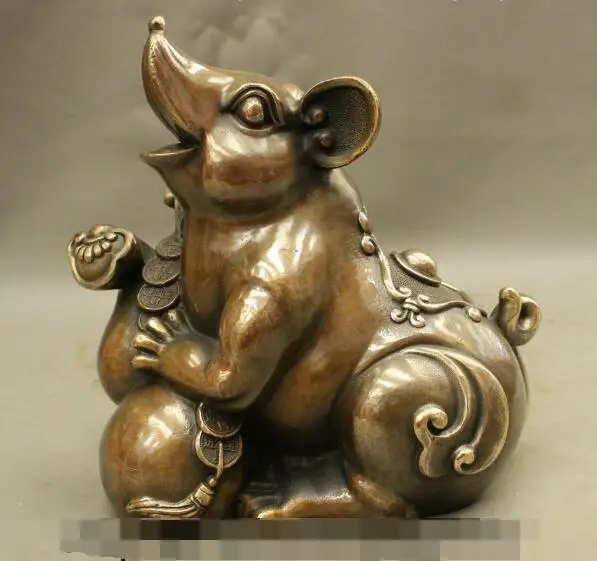 

S01663 8 Folk Chinese Bronze Culture Year Zodiac Animals RuYi Gourd Wealth Mouse Statue