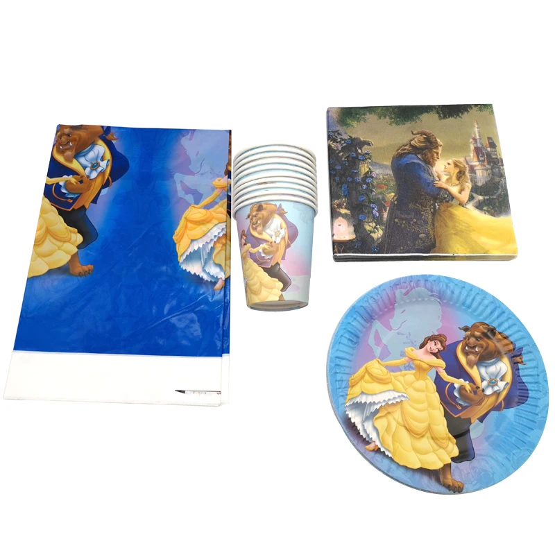 

61PCS Happy Birthday Party Tablecloth Decorate Tablecover Beauty Beast Theme Paper Plates Cups Baby Shower Girls Favors Napkins