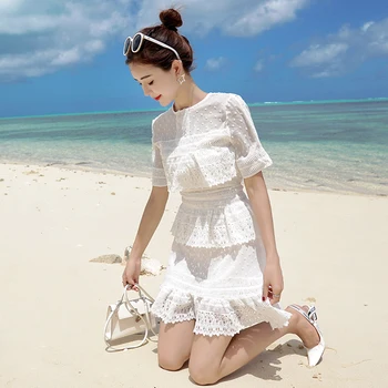 

White cake lace dress female summer stitching hollow out lace Korean style girl bodycon small short sleeve women summer dresses