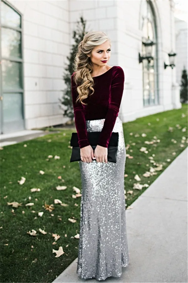 

New Burgundy Velour and Silver Sequins Skirt Twp Piecce Prom Dress Evening Dresses Long Formal Dress Robe de soiree longue 2017