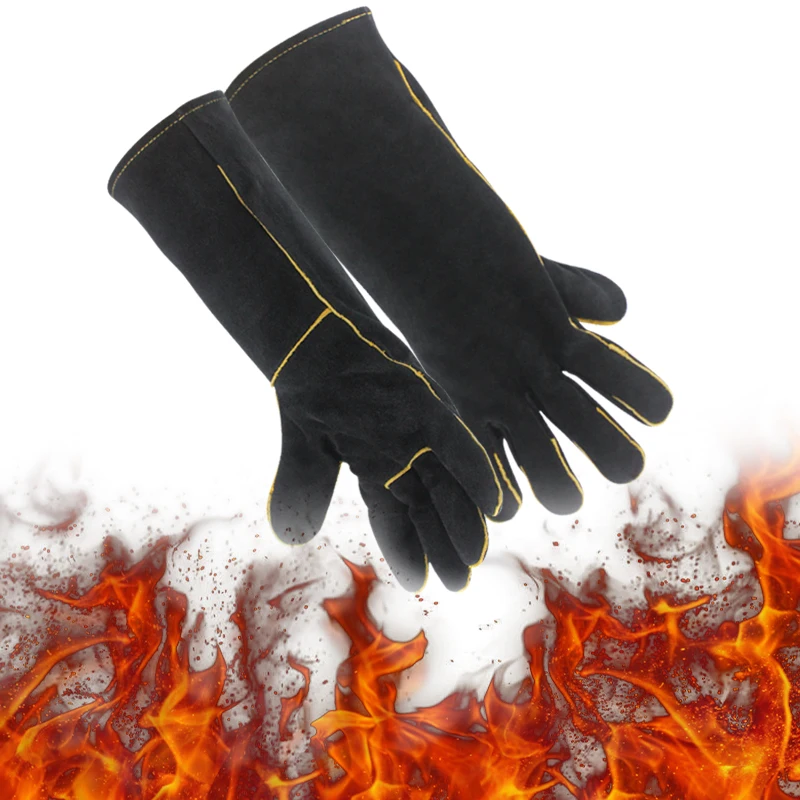 HEAVY DUTY Wood Burner Welding Heat UKResistant Leather Gloves Stoves Fire Black