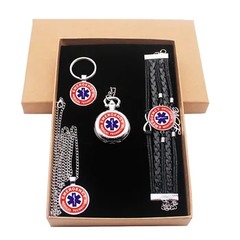

New Fashion Classic EMT Emergency Medical Technician Paramedic Badge Jewelry Gift Set With Gift Box Have Pocket Watch Key Chian