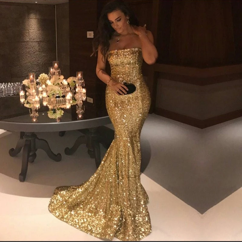 

Gorgeous Strapless Mermaid Sequined Prom Gowns Floor-Length Formal Party Dresses Fashion Evening Gowns Custom Made Plus Size