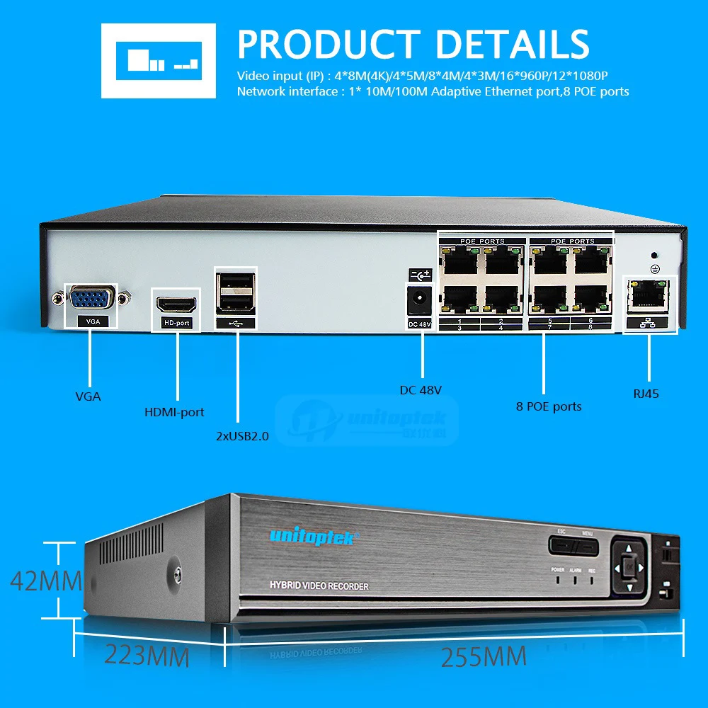 H.264 CCTV NVR 48V PoE 4*5MP/8*4 Мп видеонаблюдения видео рекордер 8 портов P2P ONVIF детектор