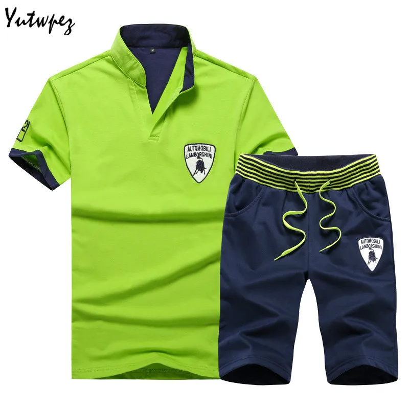 

Men Summer Tracksuit Set 2Pieces Short Sleeve Mens Set Stand Collar T-shirt Sport Suit Tops shorts Male Suit Tracksuit 2019 New