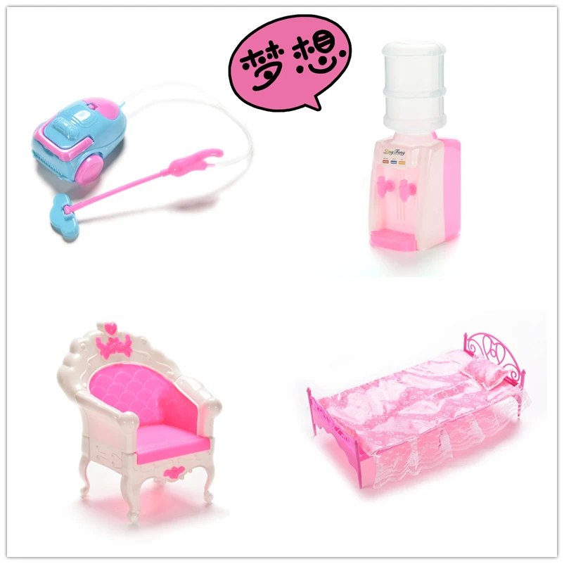 

Pink Dollhouse Furniture Plastic Bed Sofa Chair Bedroom Furniture For Dolls Dollhouse Hangers/Water Fountains/Vacuum Cleaner