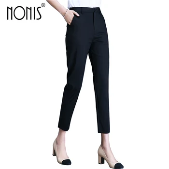 

Nonis New 2018 Summer Linen Straight Ankle Length Black Apricot Women pant Work OL style soft fabric Harem pants