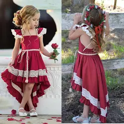 Детские вечерние однотонные кружевные платья без рукавов с асимметричным подолом из полиэстера для девочек; Цвет Красный