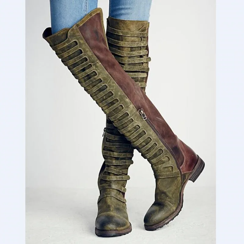 

Fashion Cut-outs Knee High Boots Italian Style Patchwork Motorcycle Boots Warm Flock Platform Riding Boots Round Toe Shoes Woman