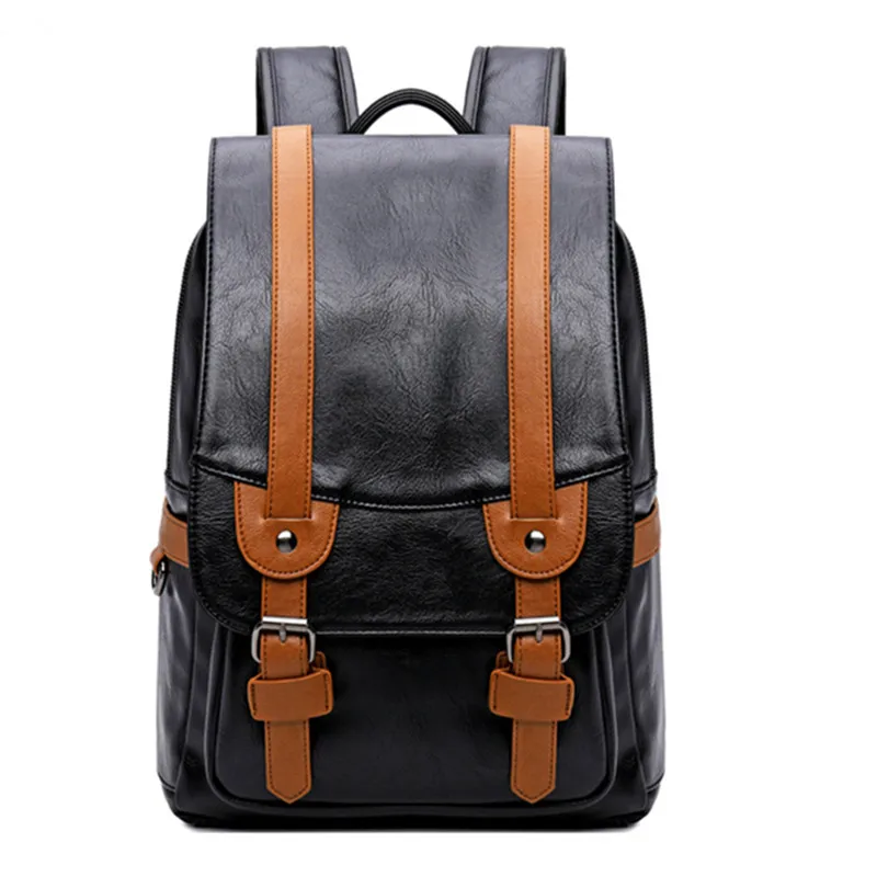 

College Middle school student schoolbag stitching contrast color pu waterproof male retro backpack men bags travel laptop bag