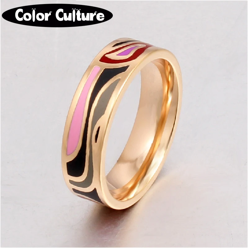 

Fine Jewelry Stainless Steel Rings 6mm width Geometric Design Women Enamel jewelry Retro holiday gift