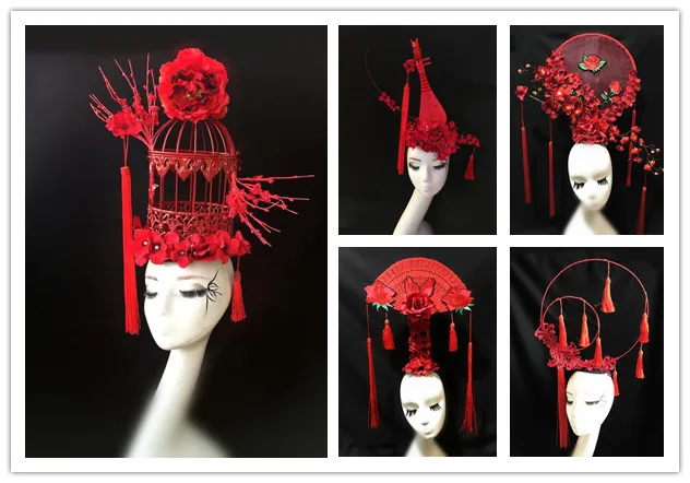 

Customized Chinese style show exaggerated headwear Blue and white porcelain ostrich headgear makeup modeling contest headdress