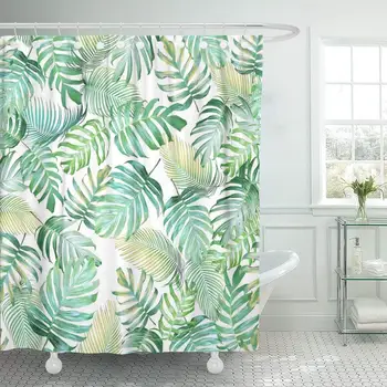 

Waterproof Shower Curtains Tropical Leaves of Monstera Philodendron and Palm in Light Green Yellow Color Tone Extra Long